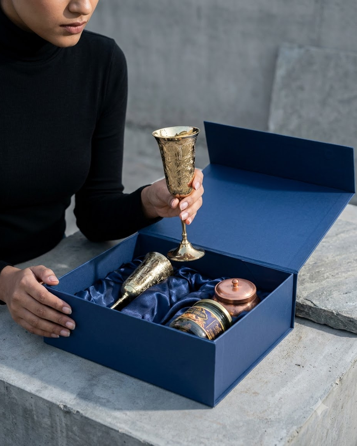 Brass-Style Gift Set with Cups &amp; Candle