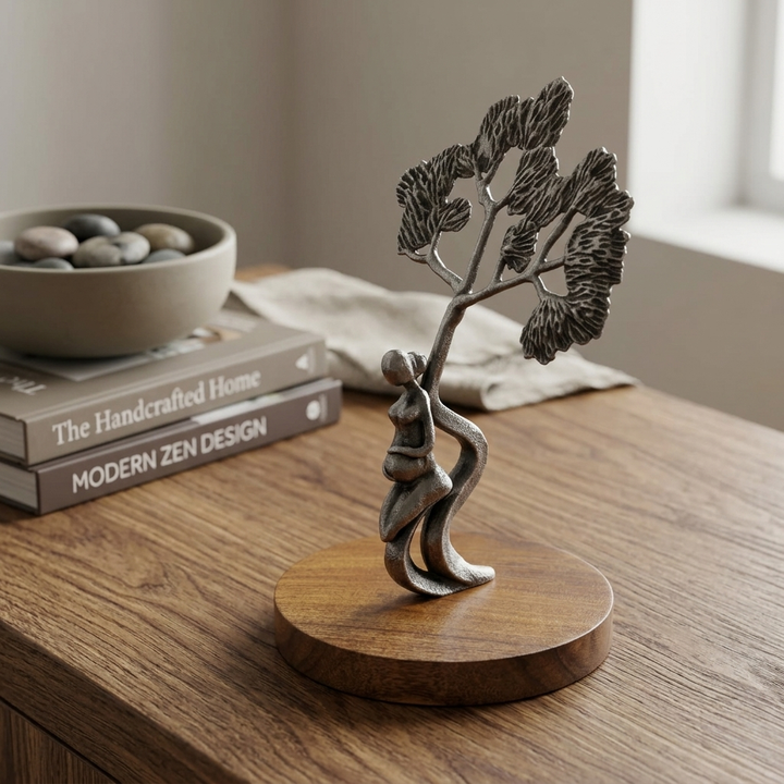 Handcrafted Metal Tree Sculpture with Wooden Base