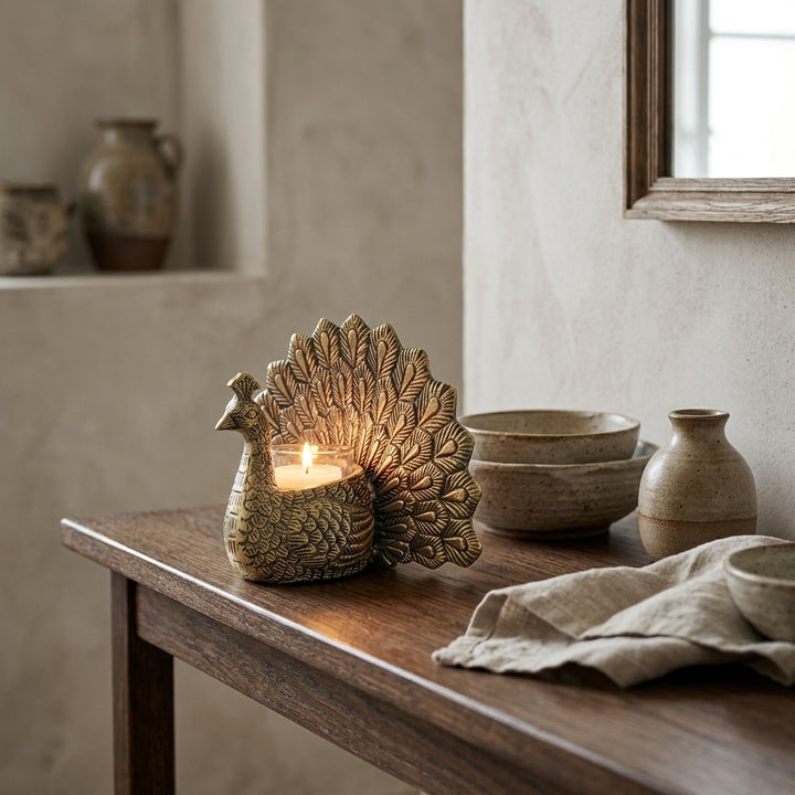 Elegant Peacock Tea Light Candle Holder with antique finish for table decoration