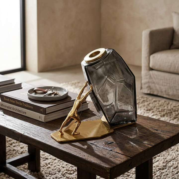 Black Gold Decorative Vase with Golden Figurine