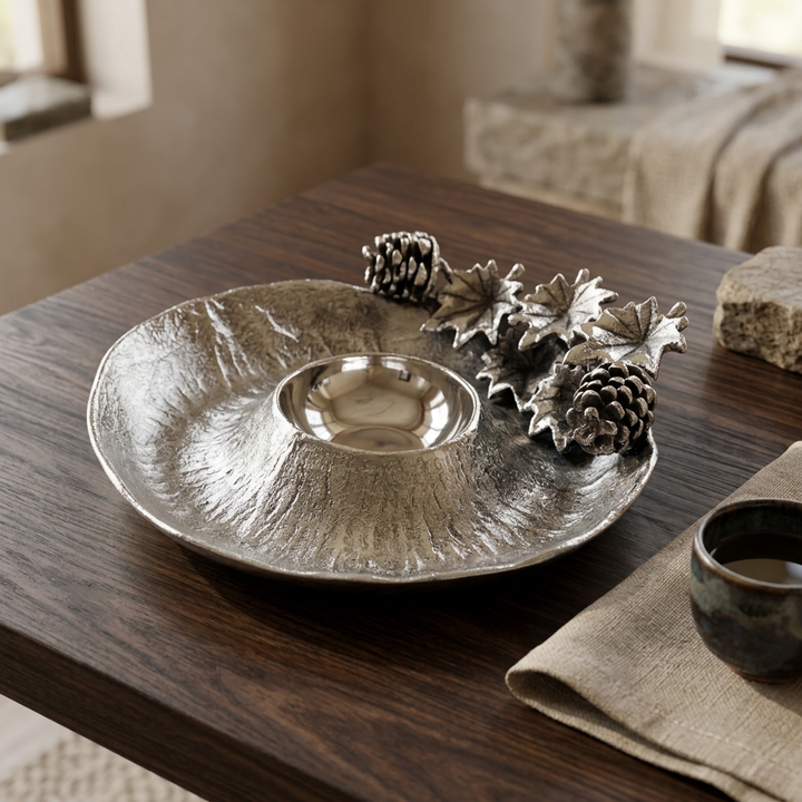 Handcrafted Silver Pinecone Candle Holder &amp; Decorative Tray