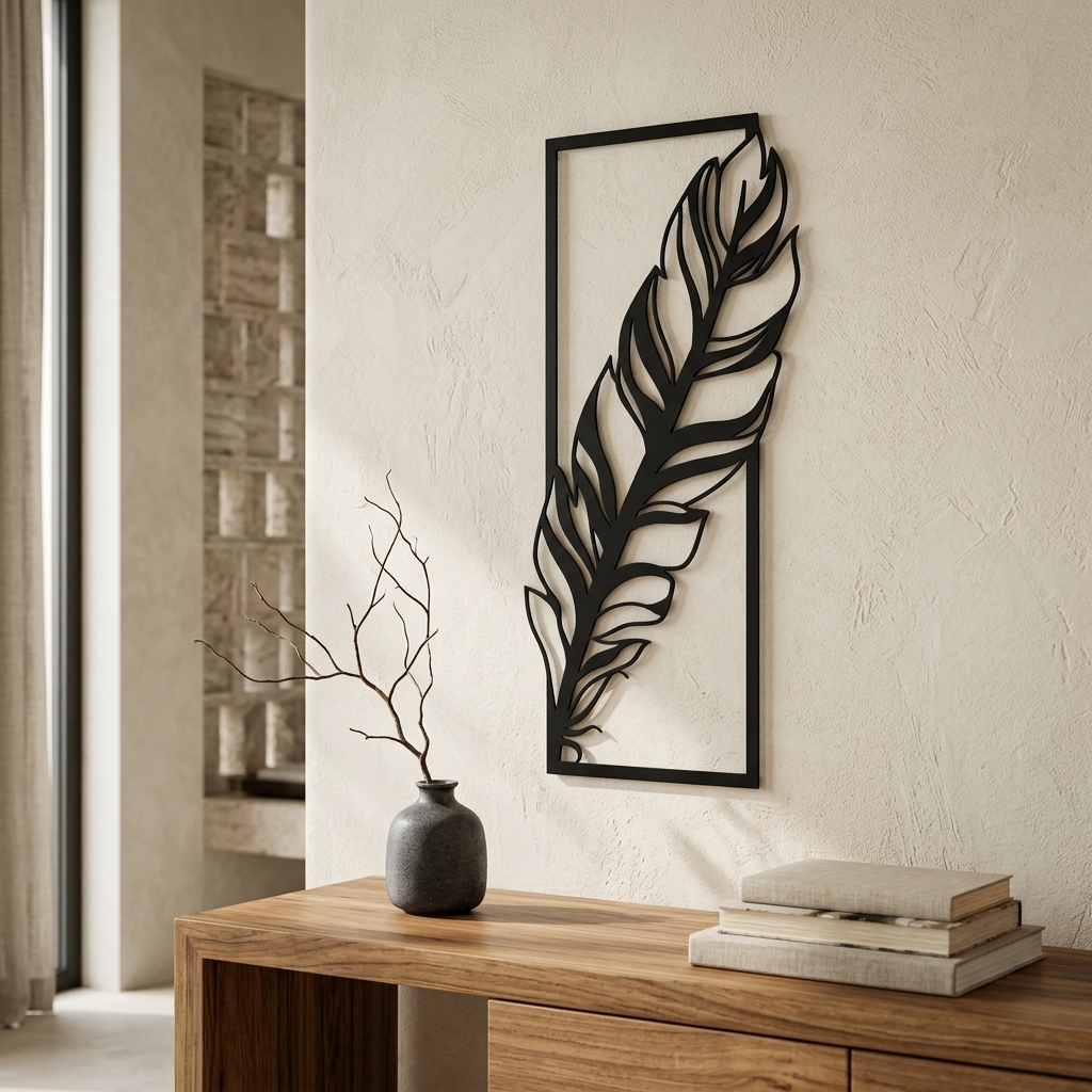 Modern Black Leaf Wall Decor hanging above wooden console