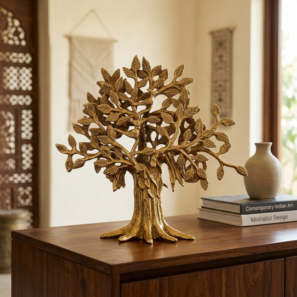 Antique gold tree of life showpiece displayed on wooden console