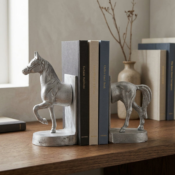 Horse bookends for home decor with elegant antique finish on bookshelf