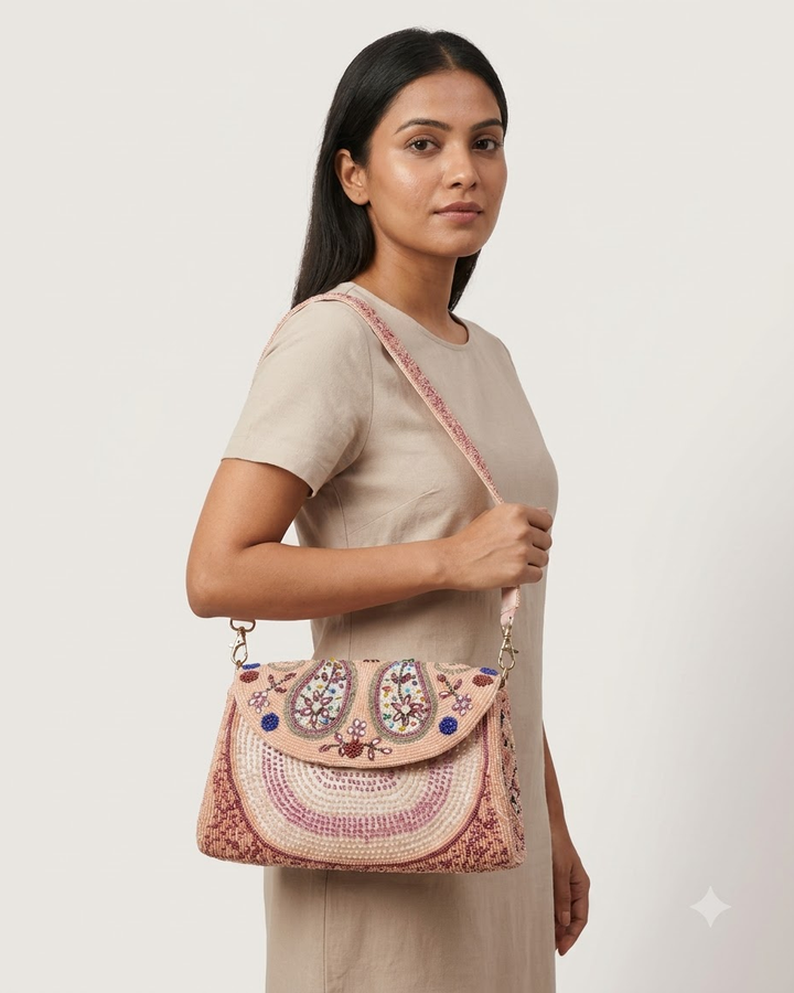 Peach Beaded Floral Shoulder Bag