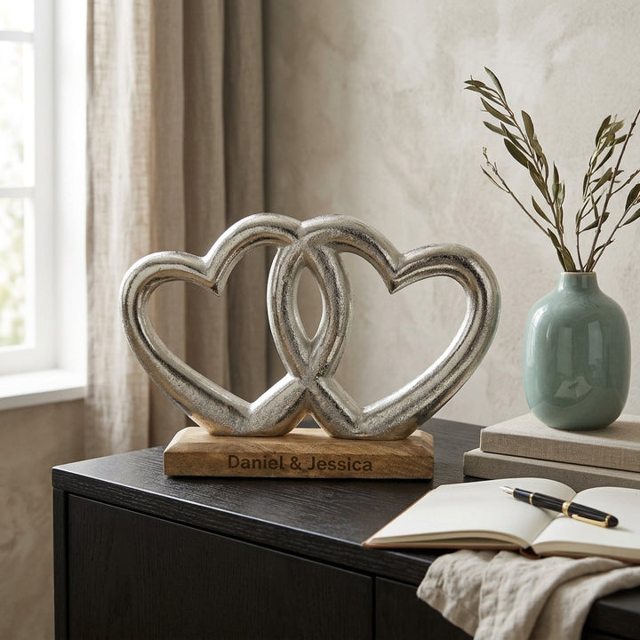 Personalized Silver Finish Double Heart Showpiece with engraved names on wooden base