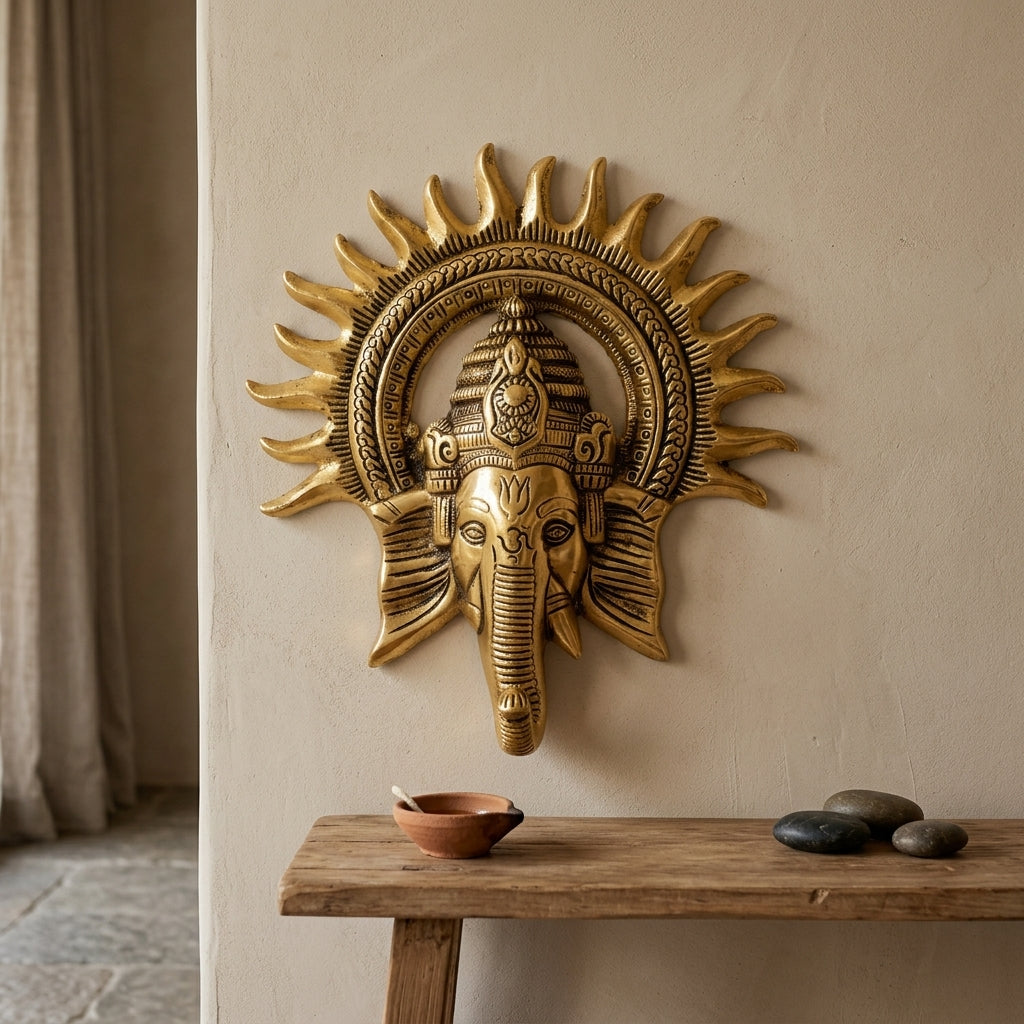 Brass Finish Ganesha Sun Wall Decor for premium living room interiors