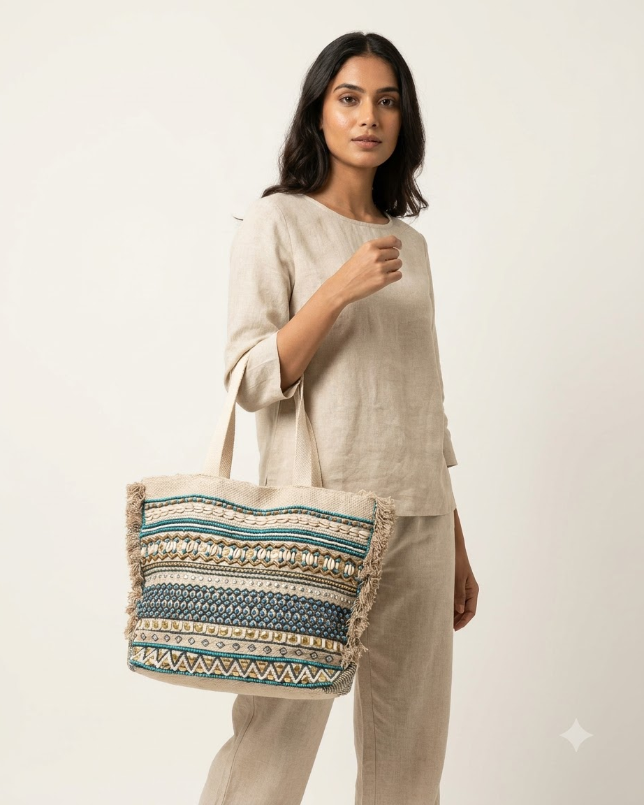 Blue &amp; Beige Embellished Tote Bag