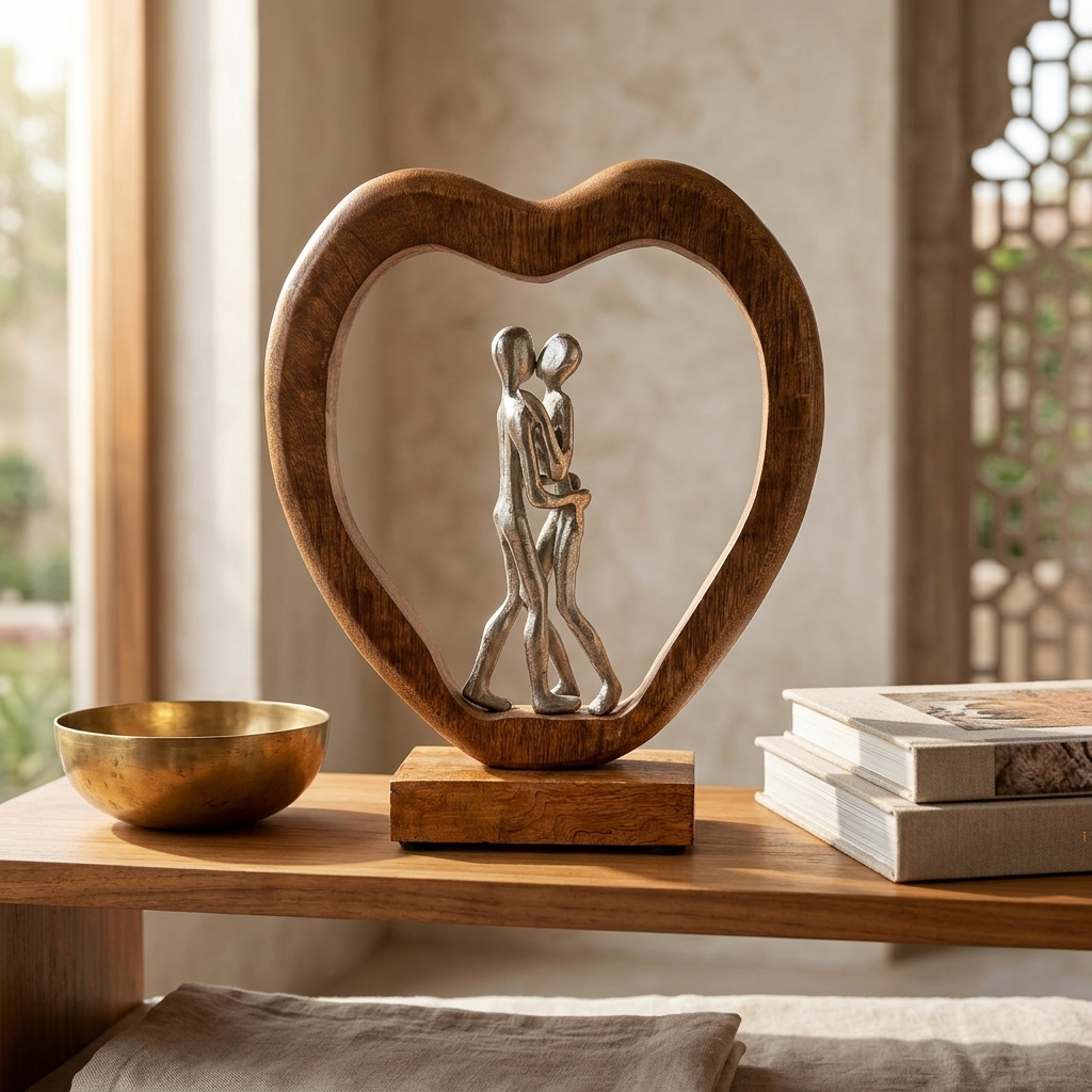 Wooden Heart Couple Sculpture