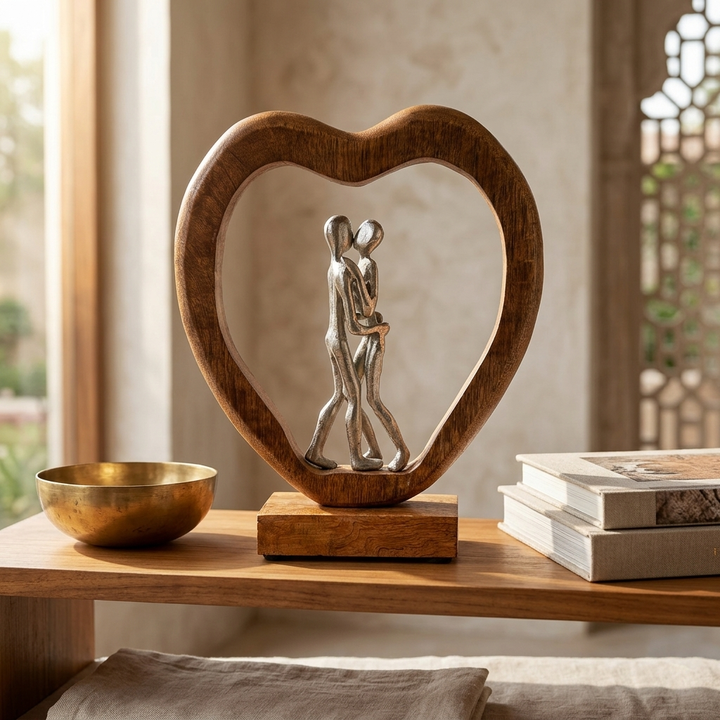 Wooden Heart Couple Sculpture