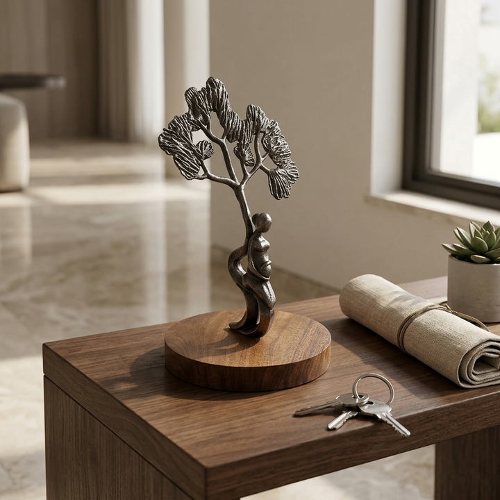 Handcrafted Black Tree Sculpture with Figure on Wooden Base