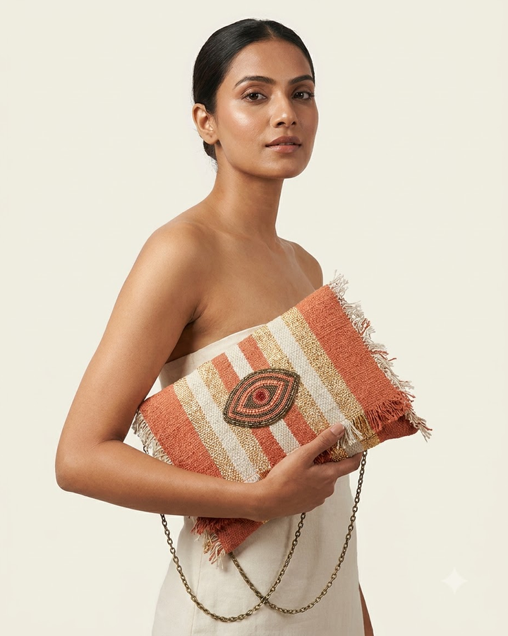 Terracotta &amp; Beige Striped Clutch Bag