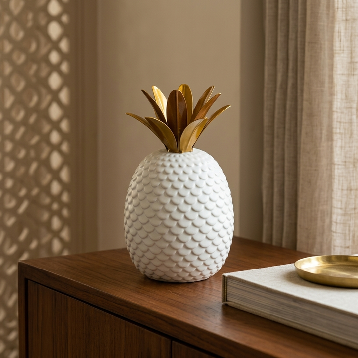 Handcrafted White &amp; Gold Pineapple Showpiece for Home Decor