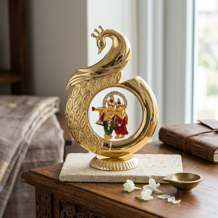 Elegant peacock inspired Radha Krishna tabletop décor accent