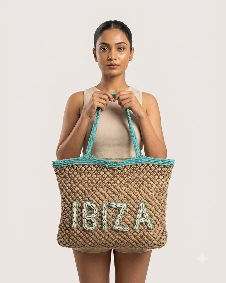 Beige &amp; Turquoise Ibiza Tote Bag