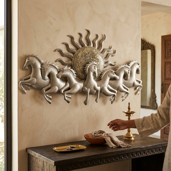 Silver Finish Silver Finish Seven Running Horses Wall Decor with Sun for luxury home interiors