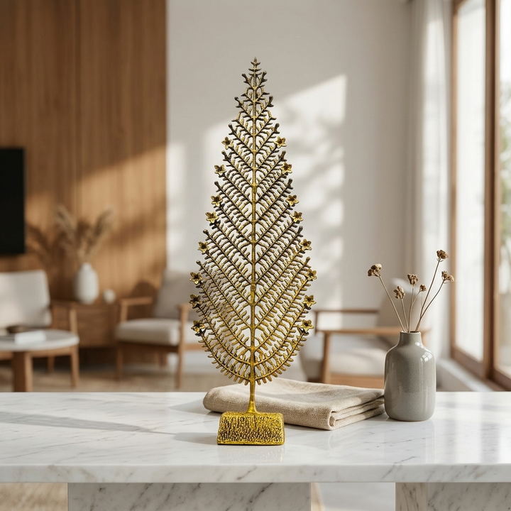 Tall golden botanical sculpture displayed on a modern living room table