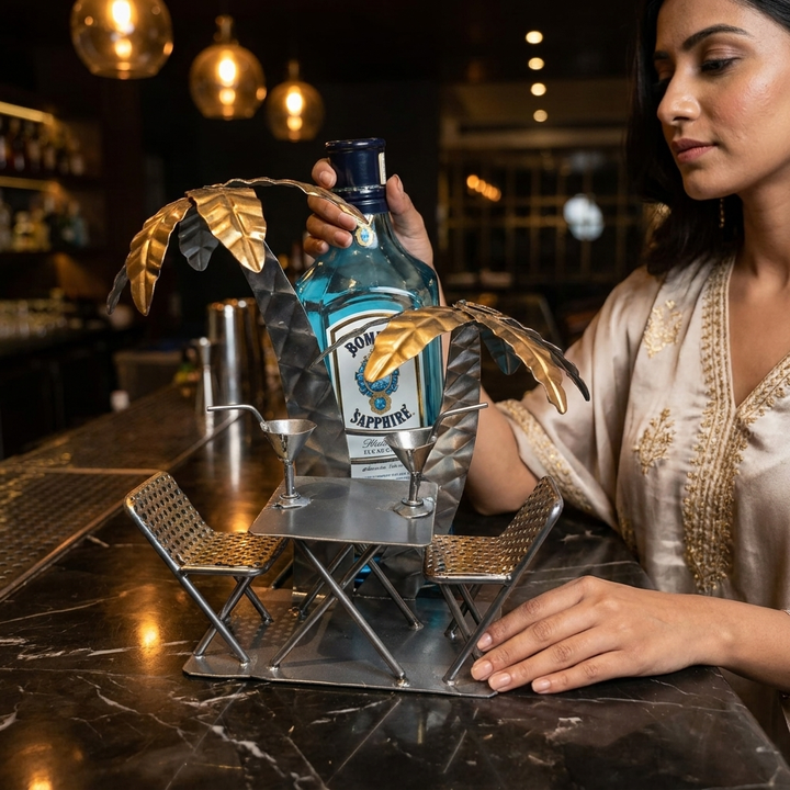 Metal Palm Tree Bottle Holder with Table &amp; Chairs | Bar Décor