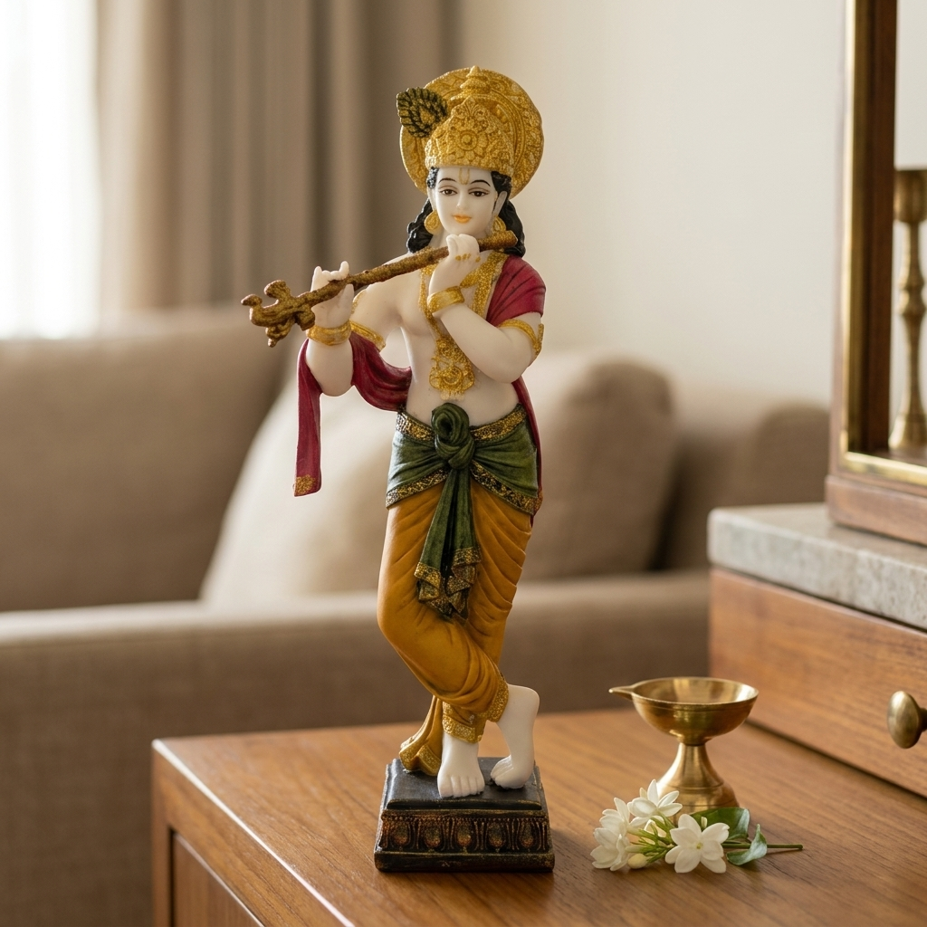 Standing Lord Krishna flute idol with detailed traditional design