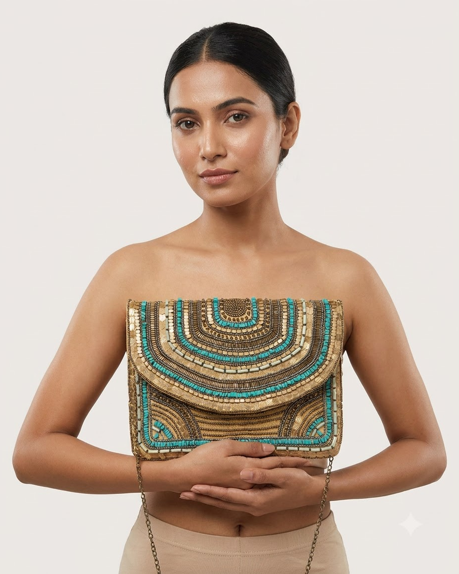 Gold &amp; Turquoise Beaded Clutch Bag with Chain Strap