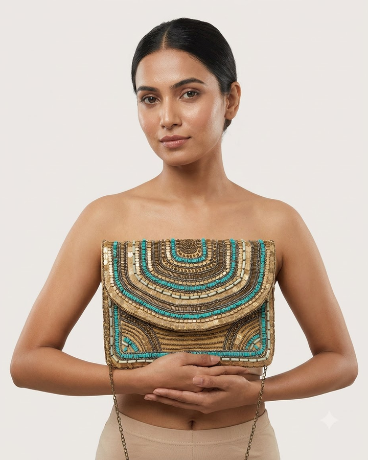 Gold &amp; Turquoise Beaded Clutch Bag with Chain Strap