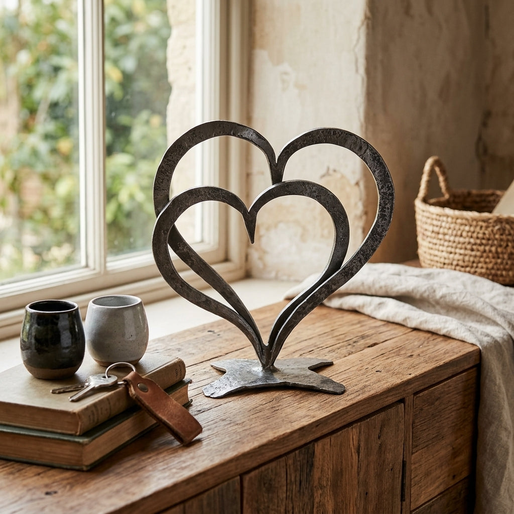 Silver Finish Double Heart Table Decor Showpiece for modern home décor