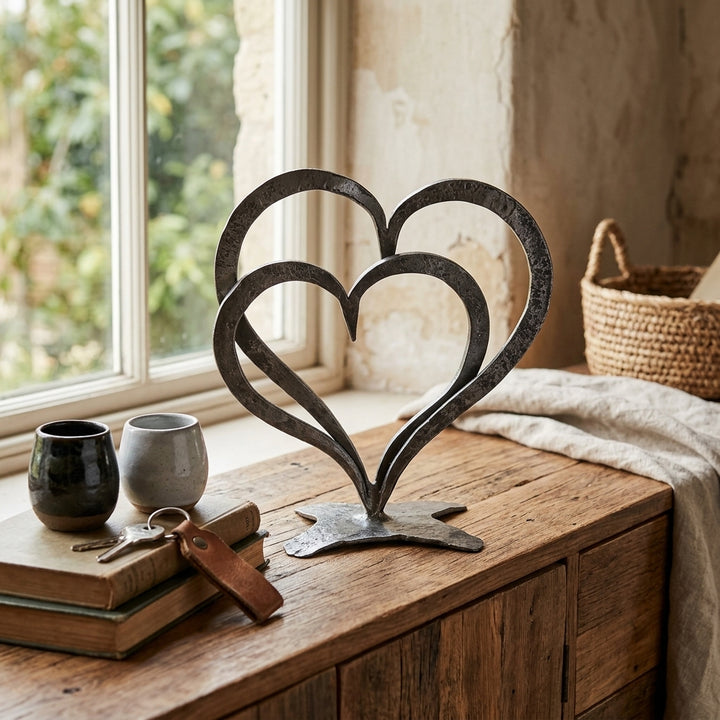 Silver Finish Double Heart Table Decor Showpiece for modern home décor