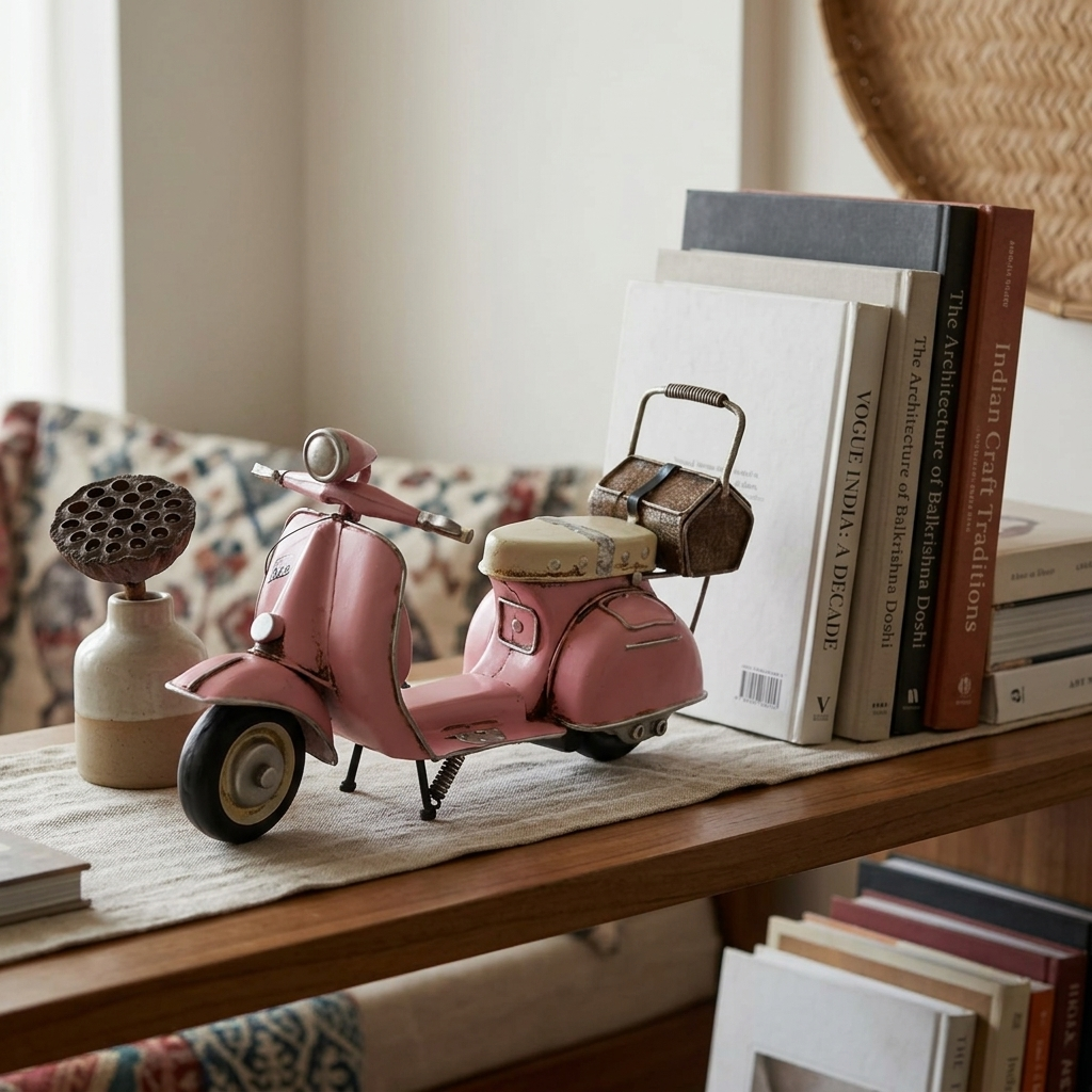 Pink retro scooter decor accent with vintage-inspired styling