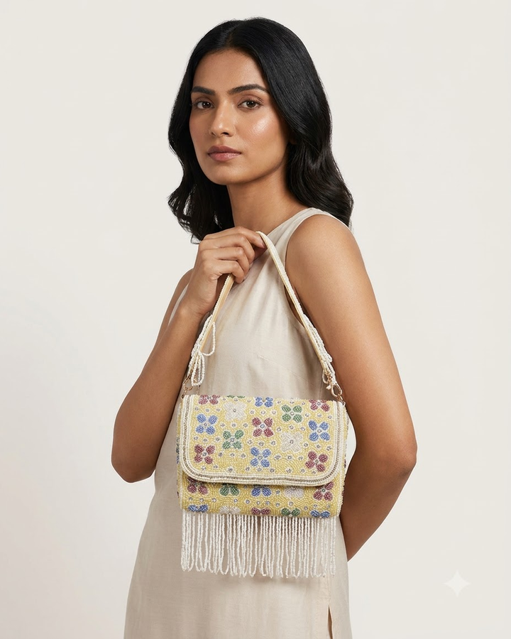 Yellow Beaded Floral Sling Bag with Pearl Fringe