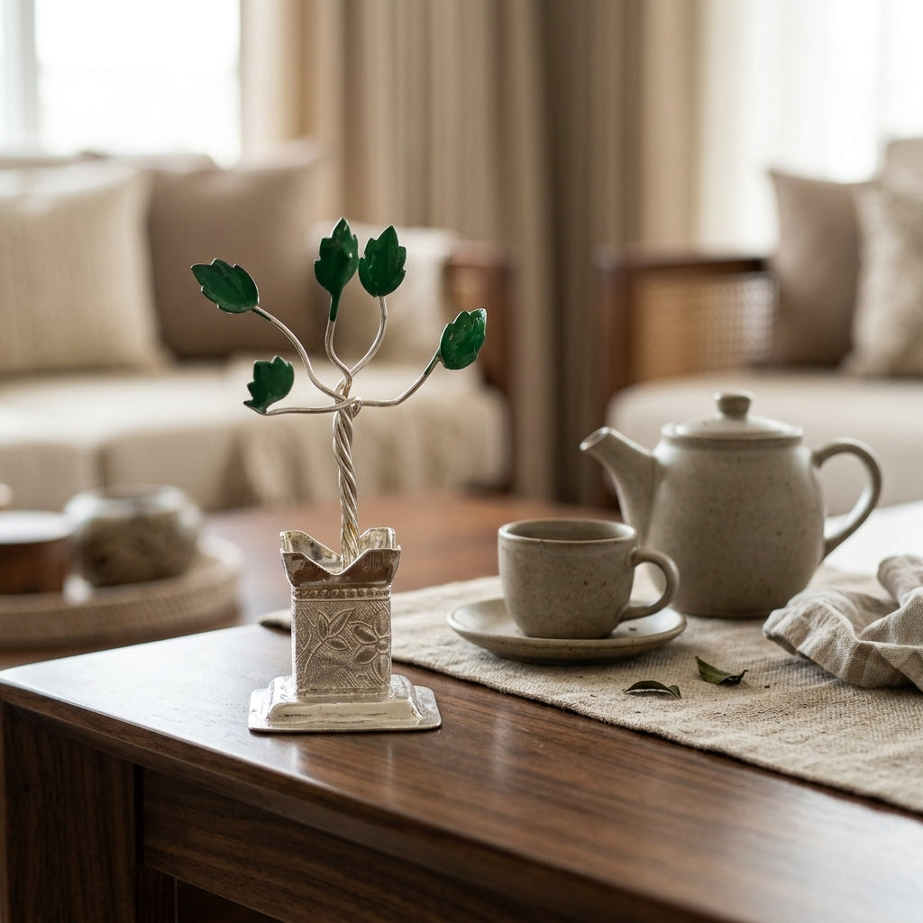 Elegant Silver Decorative Wish Tree Showpiece table décor with green leaves