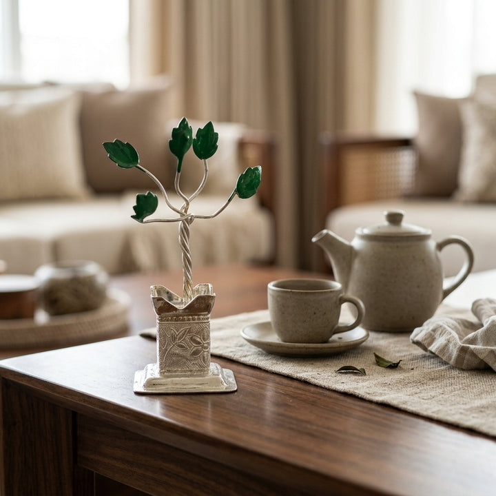 Elegant Silver Decorative Wish Tree Showpiece table décor with green leaves
