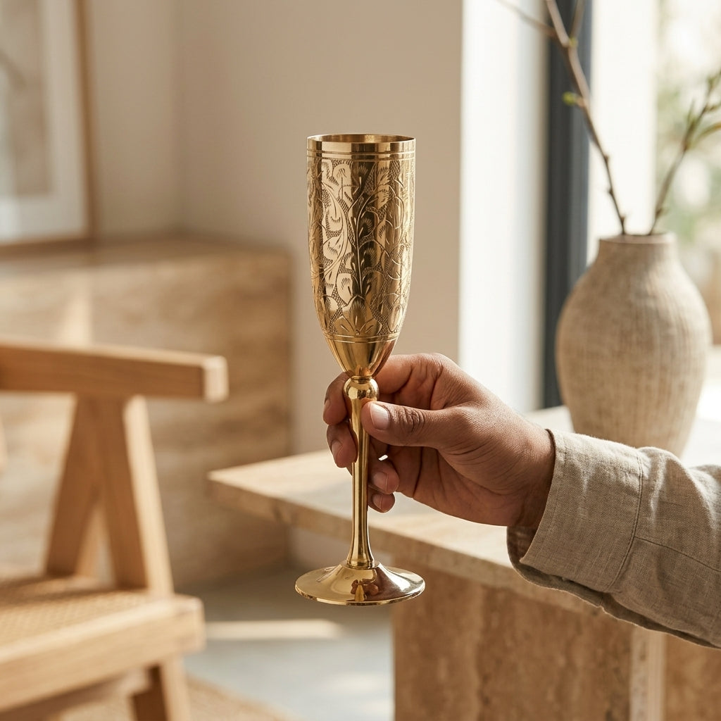 Engraved brass champagne flute with elegant floral detailing
