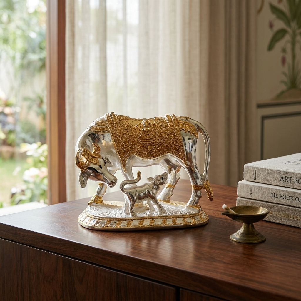 Ornate Kamdhenu Cow and Calf Showpiece for gifting and home décor
