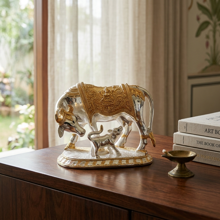 Ornate Kamdhenu Cow and Calf Showpiece for gifting and home décor