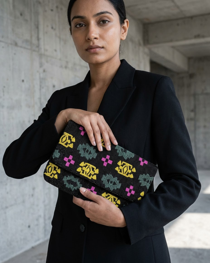 Beaded Clutch Bag with Multicolour Geometric Pattern