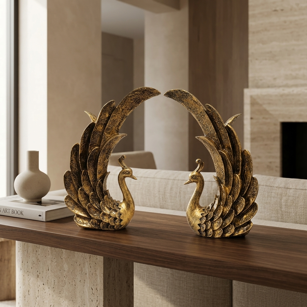 Handcrafted Golden Peacock Showpiece Set for Home Decor