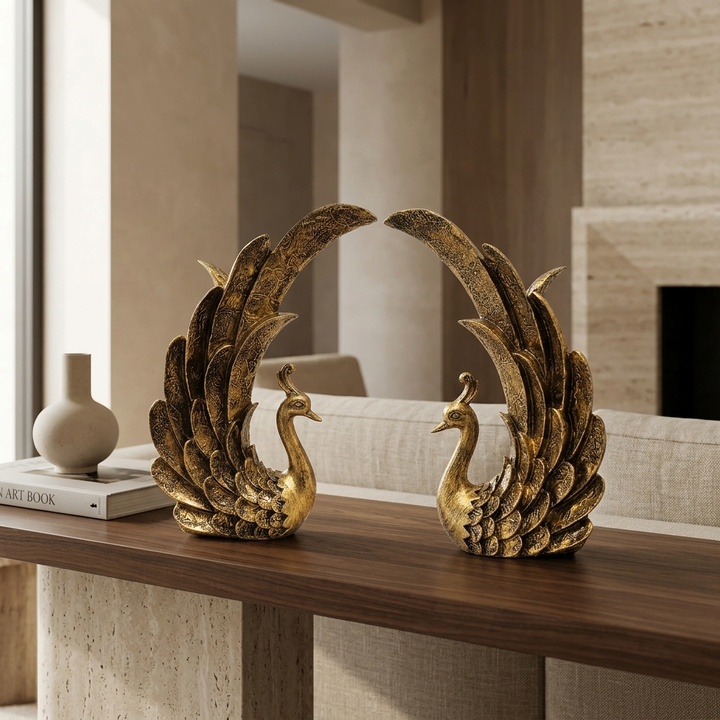 Handcrafted Golden Peacock Showpiece Set for Home Decor