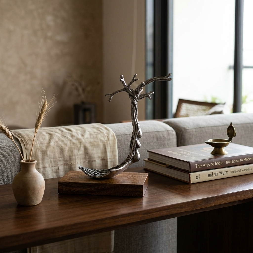Handcrafted Black Tree Sculpture with Wooden Base