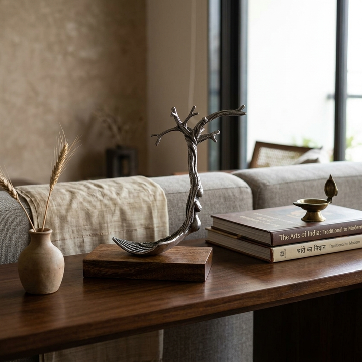 Handcrafted Black Tree Sculpture with Wooden Base