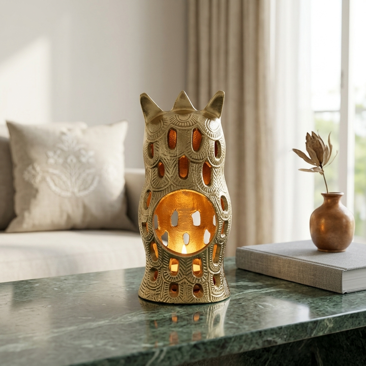 Decorative golden owl candle holder for elegant living room styling