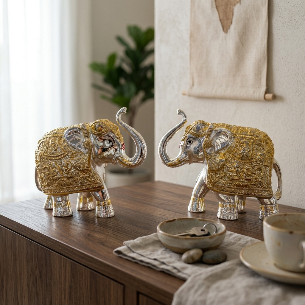 Royal elephant pair showpiece in white and gold for home decor