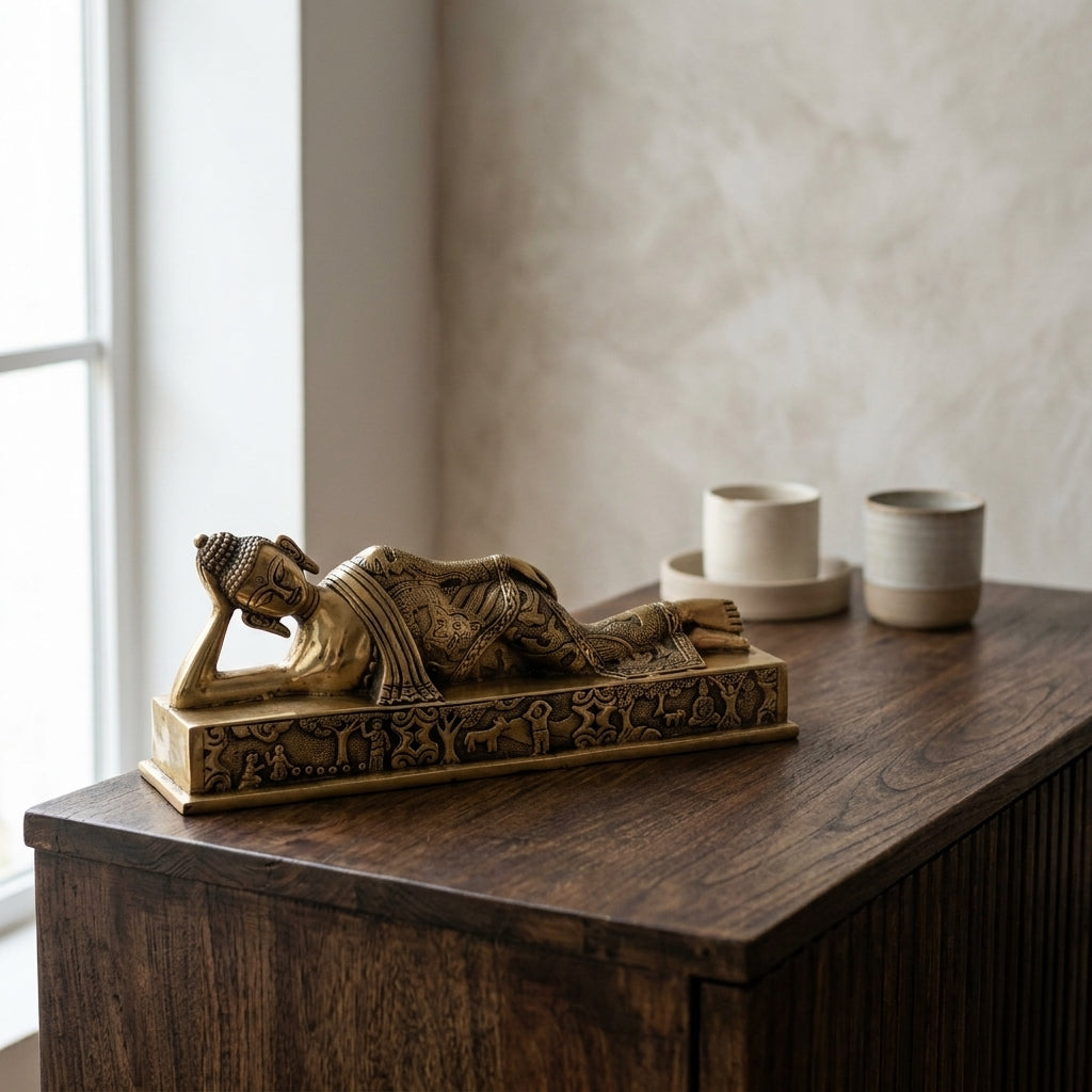 Reclining Buddha Statue for home decor with antique finish and engraved artwork