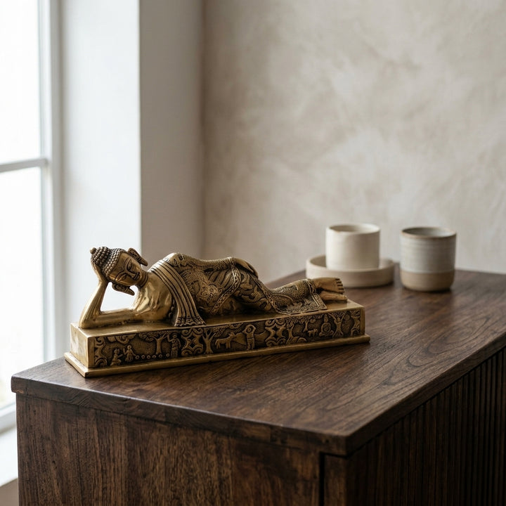 Reclining Buddha Statue for home decor with antique finish and engraved artwork