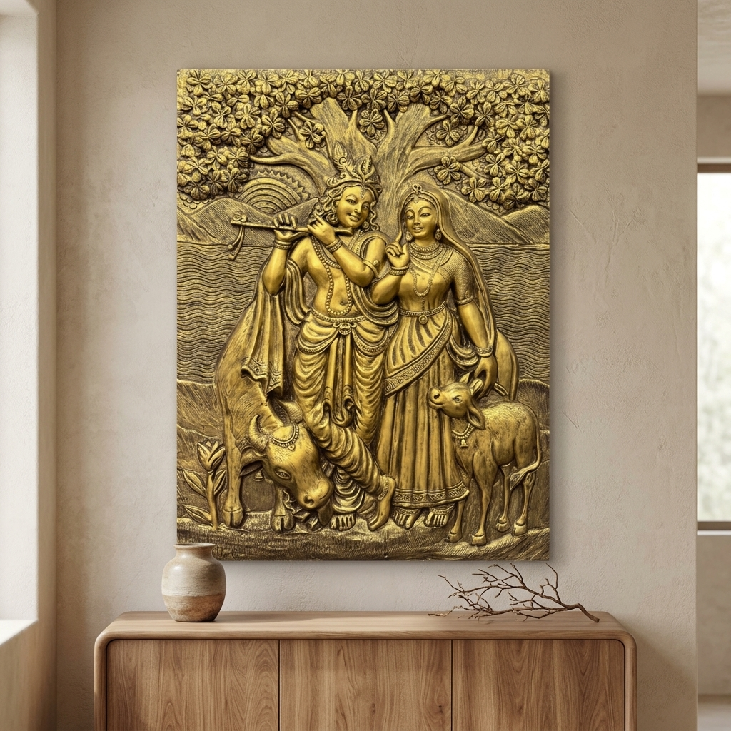 Premium Radha Krishna Wall Panel with antique gold finish for home décor