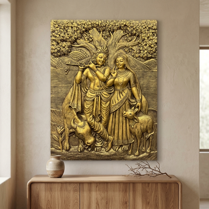 Premium Radha Krishna Wall Panel with antique gold finish for home décor