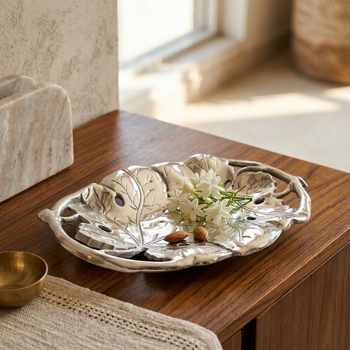 Handcrafted Silver Leaf Decorative Tray for Home Decor