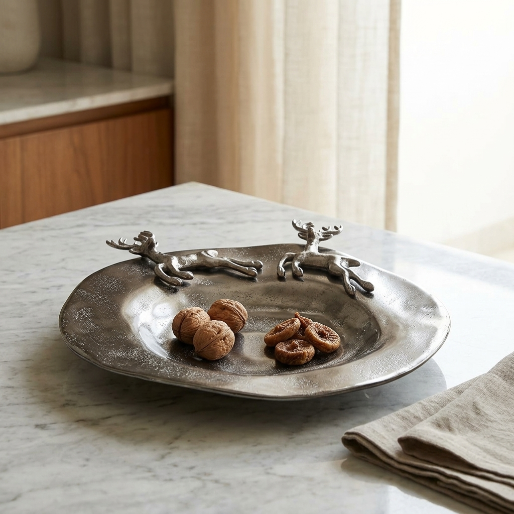 Elegant silver-tone deer accent plate for living room decor