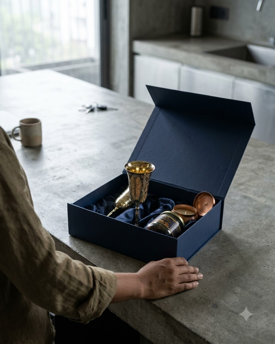 Brass-Style Gift Set with Cups &amp; Candle