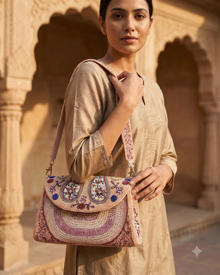 Peach Beaded Floral Shoulder Bag