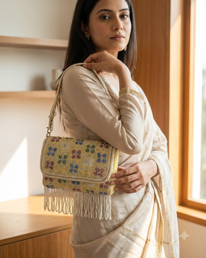 Yellow Beaded Floral Sling Bag with Pearl Fringe